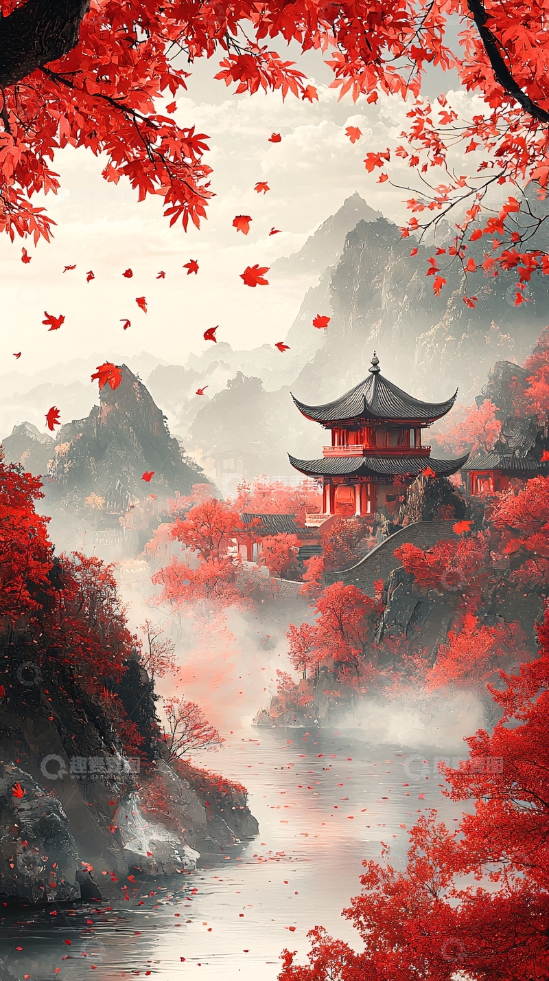 高清大图下载【趣麦麦图】红叶枫林山间古寺