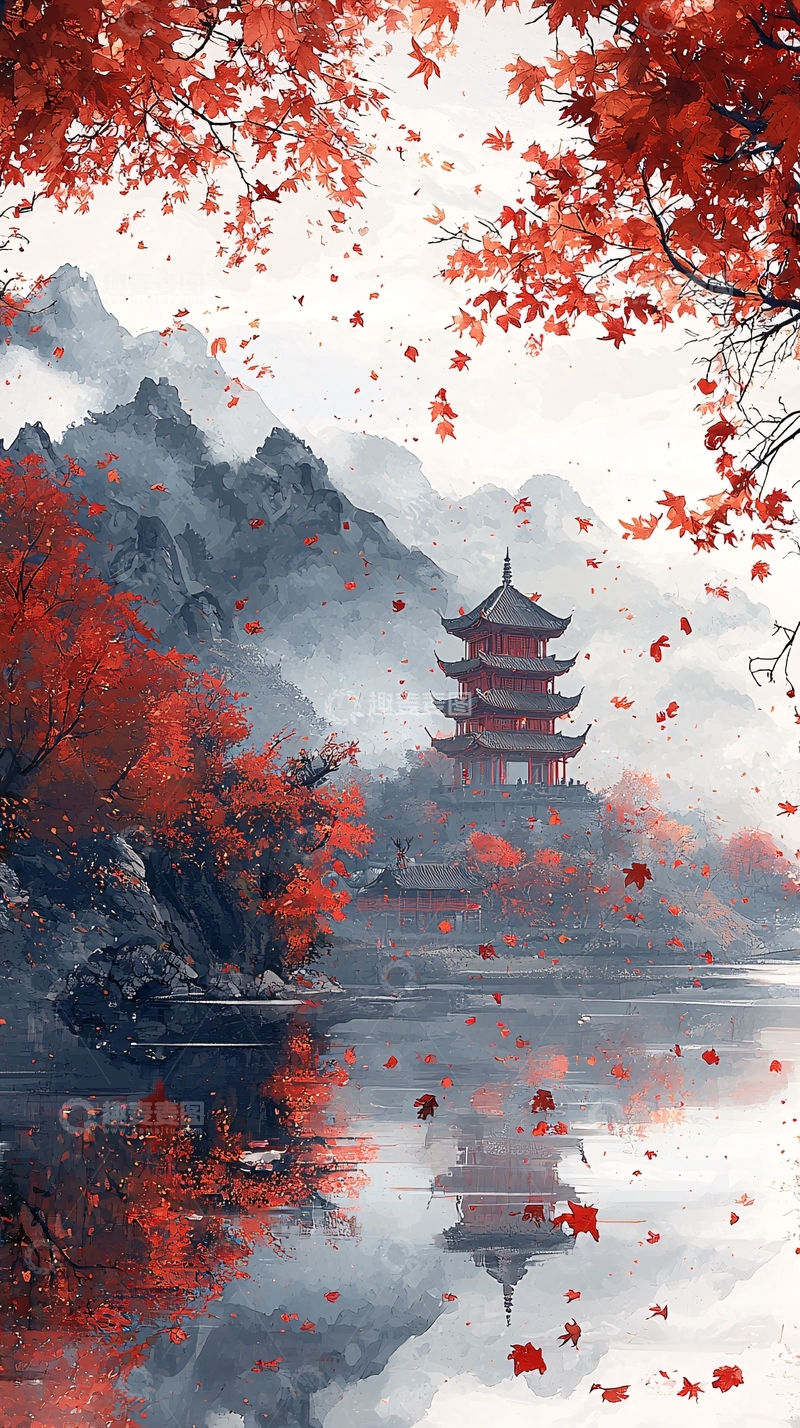 高清大图下载【趣麦麦图】红叶秋景水墨画