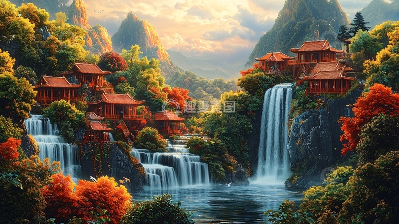 高清大图下载【趣麦麦图】山间瀑布古寺风景