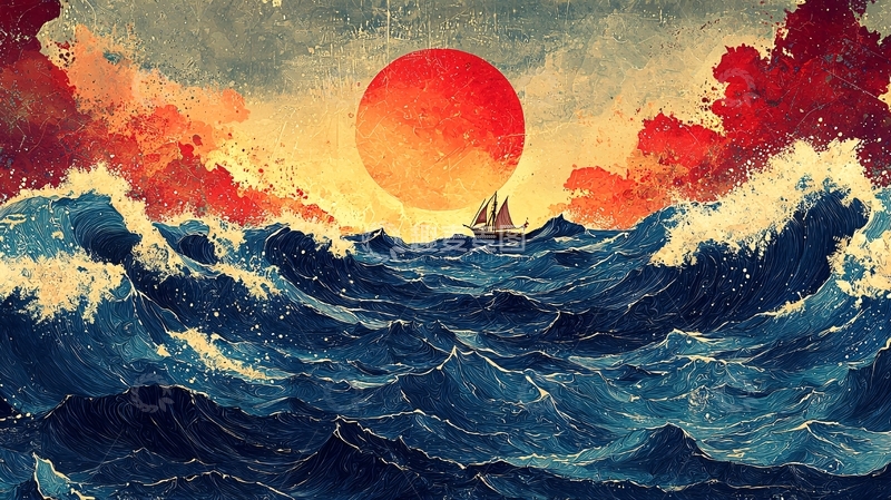 高清大图下载【趣麦麦图】巨浪滔天红日远航