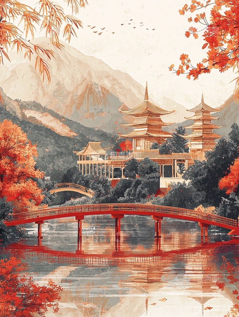 高清大图下载【趣麦麦图】秋日红枫寺庙山水画