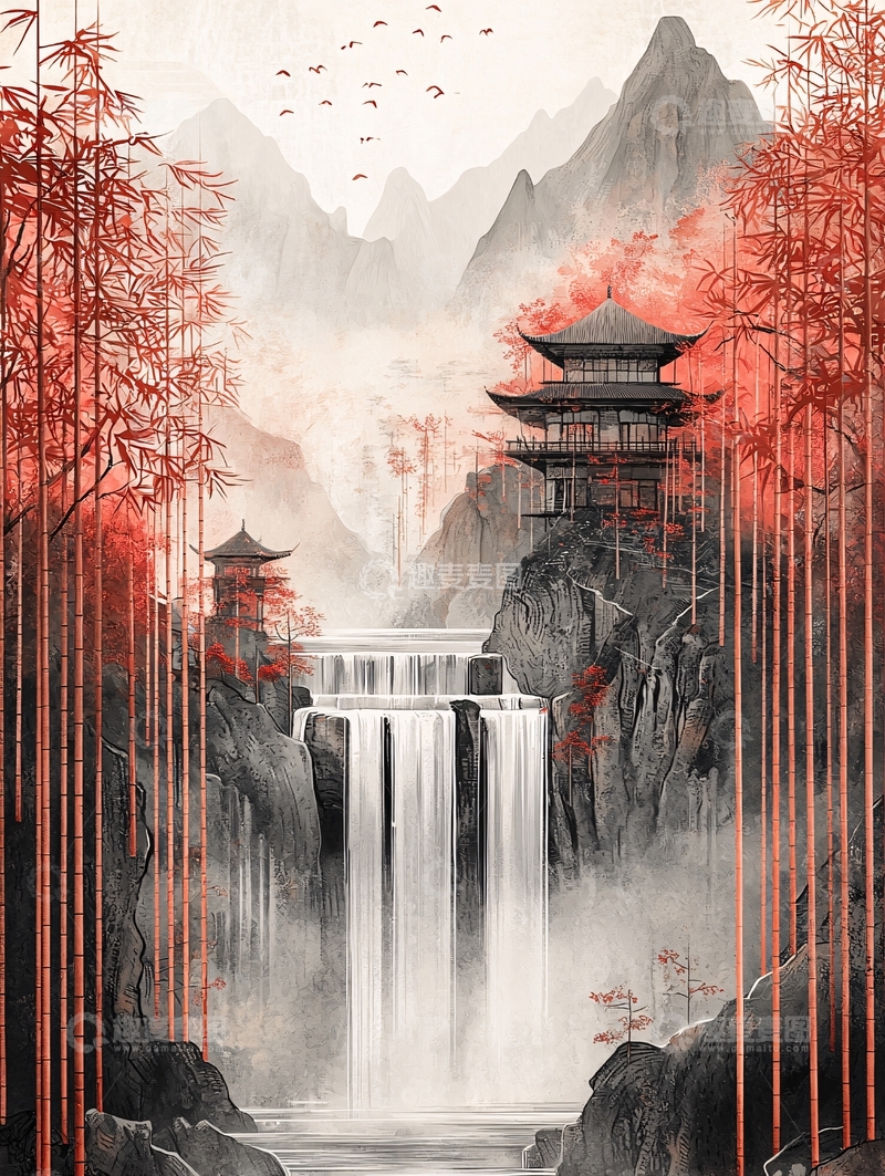 高清大图下载【趣麦麦图】红枫山间寺庙瀑布