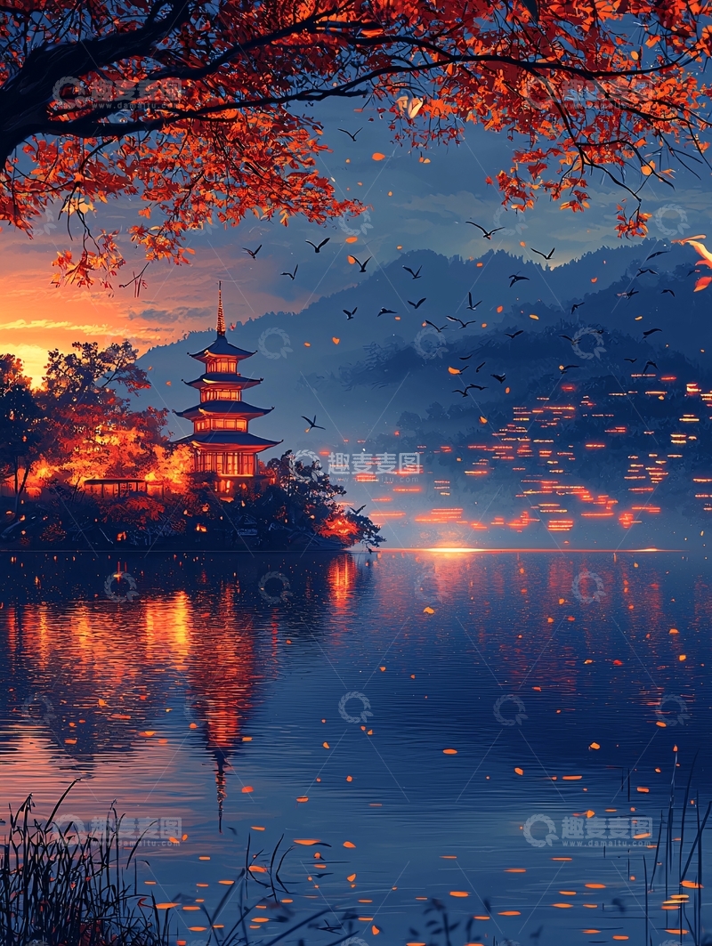 高清大图下载【趣麦麦图】秋日傍晚寺庙湖景