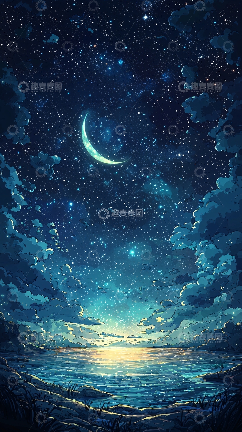 高清大图下载【趣麦麦图】星空大海新月