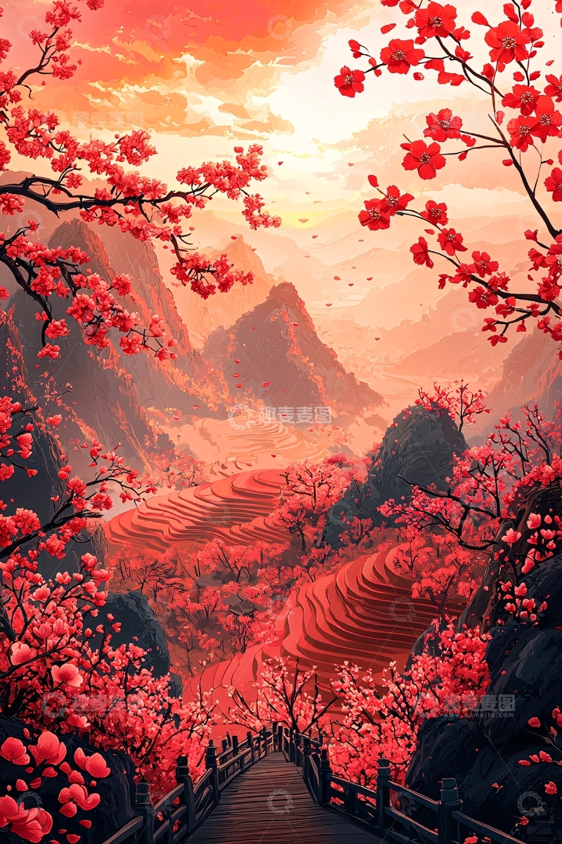 高清大图下载【趣麦麦图】红色山水桃花盛开景色