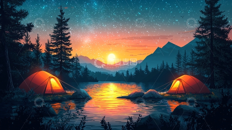 高清大图下载【趣麦麦图】星空下湖边露营