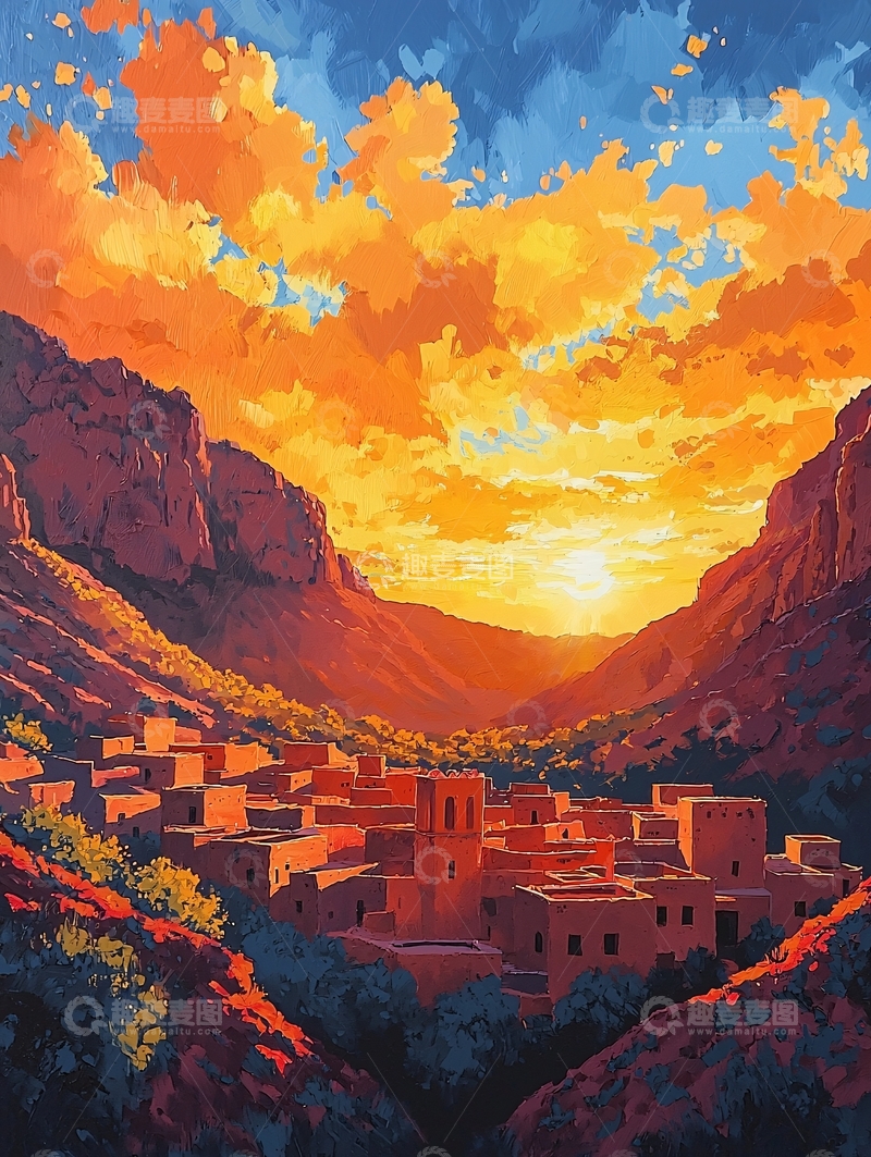 高清大图下载【趣麦麦图】夕阳下的山谷小镇
