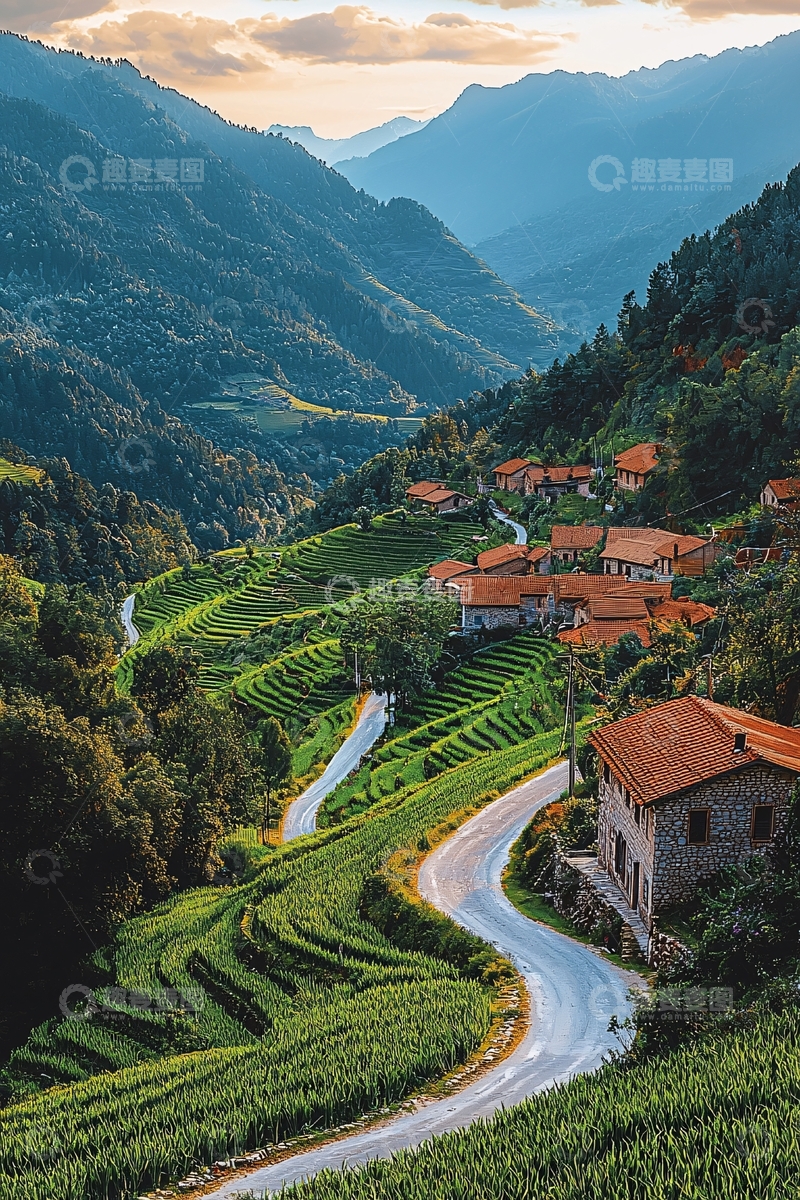 高清大图下载【趣麦麦图】蜿蜒山路间的田园村庄