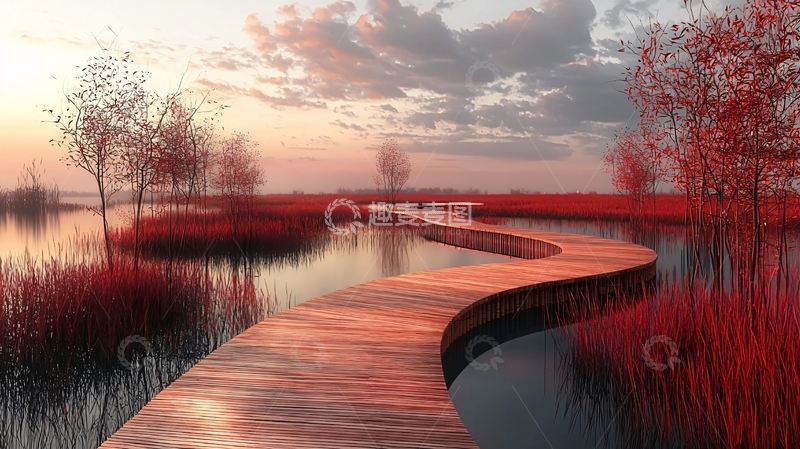 高清大图下载【趣麦麦图】夕阳下蜿蜒木栈道