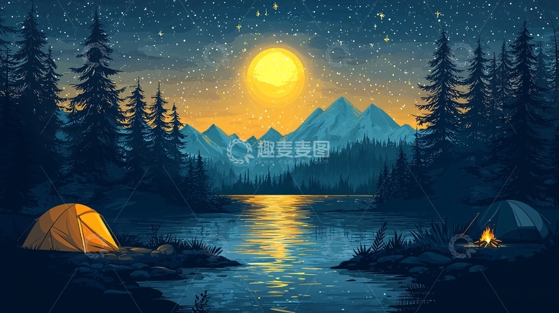 高清大图下载【趣麦麦图】夜幕下的湖边营地