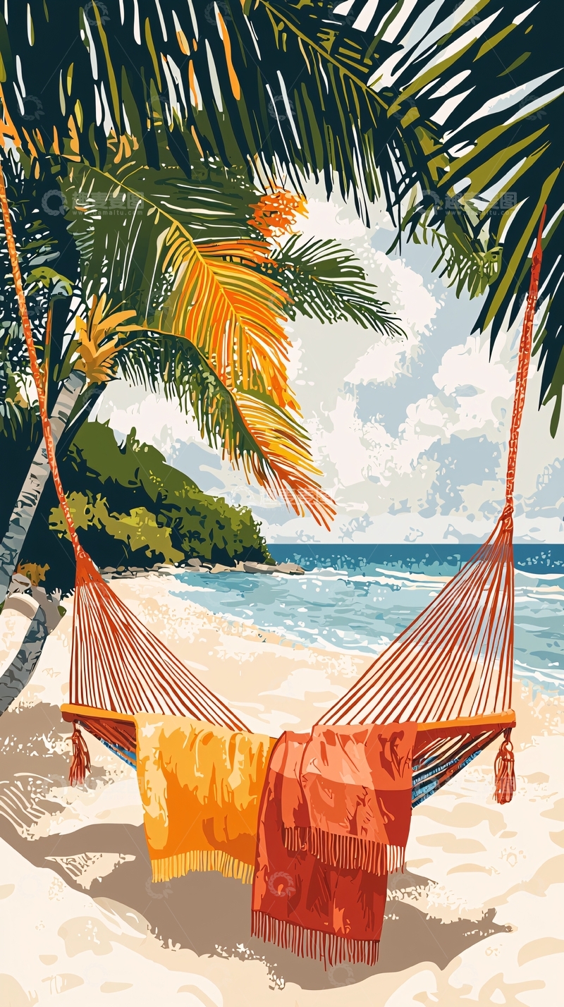 高清大图下载【趣麦麦图】海滩吊床风景画