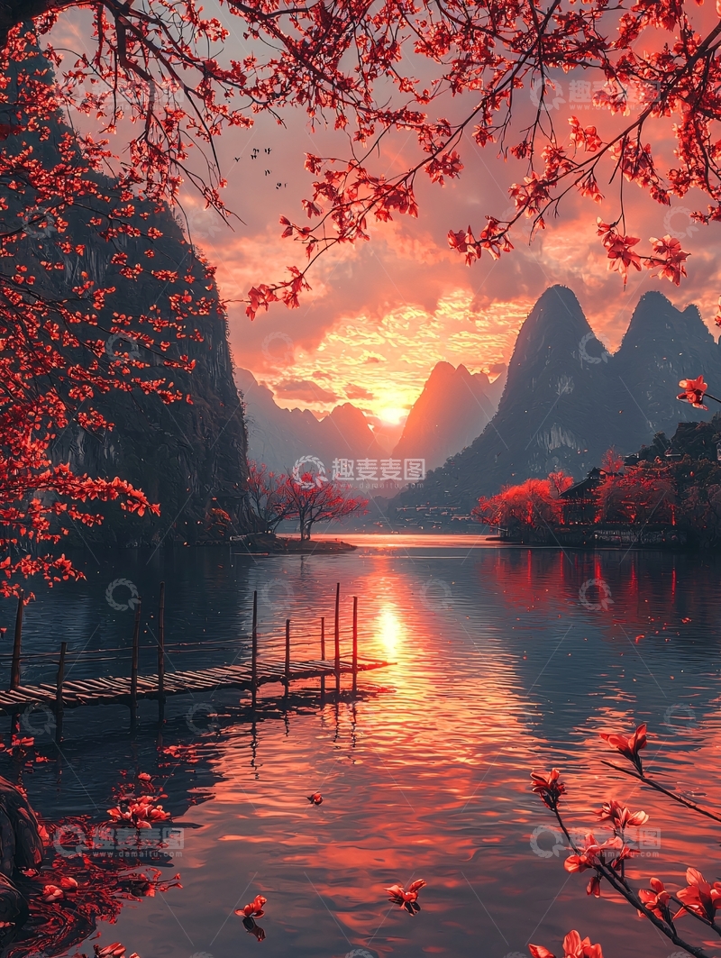 高清大图下载【趣麦麦图】夕阳红枫湖光山色