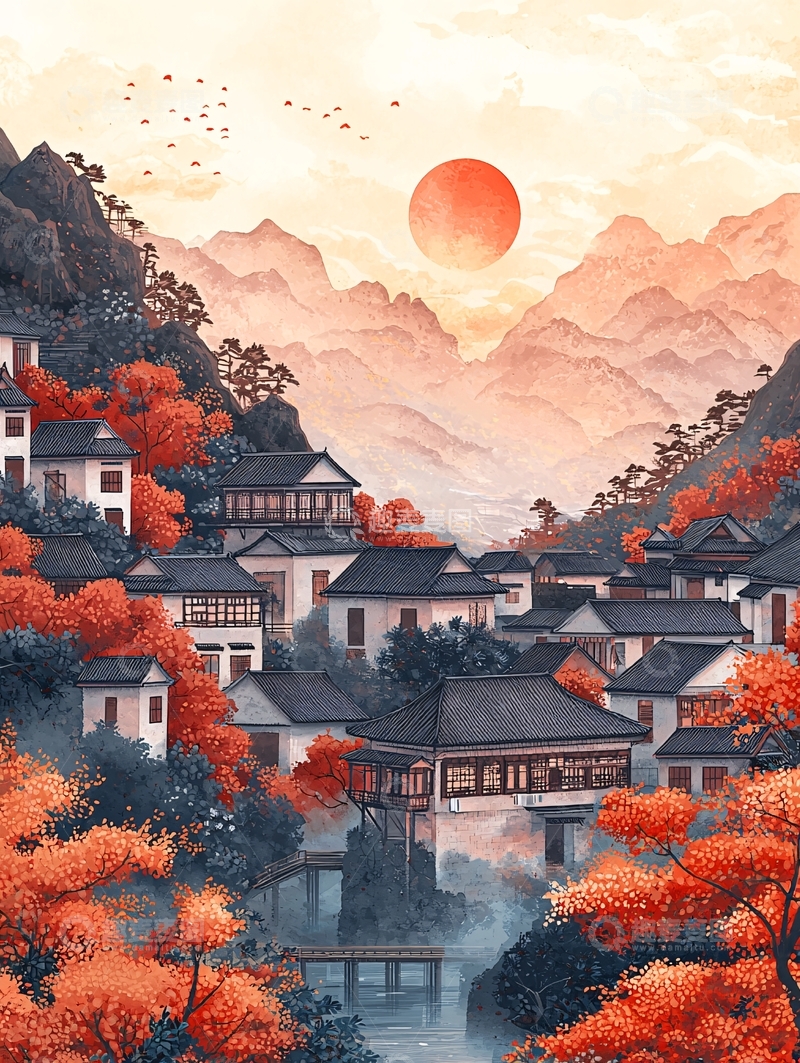 高清大图下载【趣麦麦图】红日山间古村落