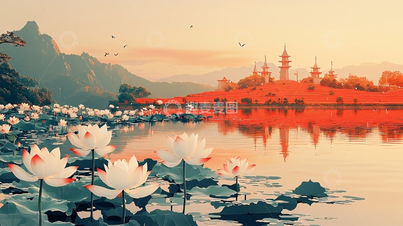高清大图下载【趣麦麦图】日出湖景莲花寺庙