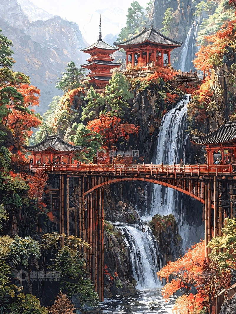 高清大图下载【趣麦麦图】秋日红枫寺庙瀑布
