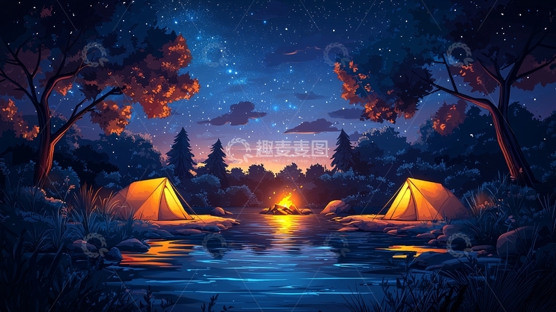 高清大图下载【趣麦麦图】星空营地篝火晚会