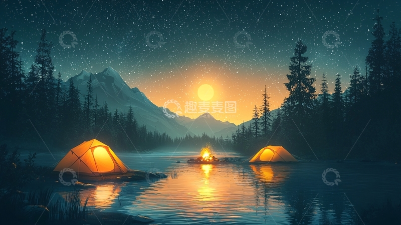高清大图下载【趣麦麦图】星空下的湖边露营