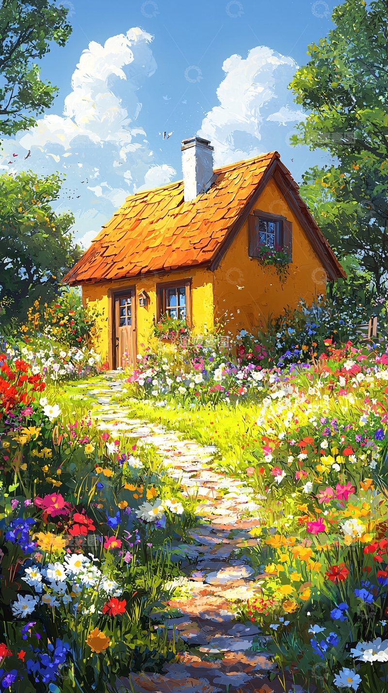 高清大图下载【趣麦麦图】田园小屋鲜花环绕