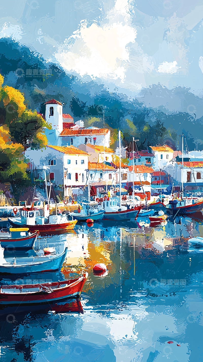 高清大图下载【趣麦麦图】山间海港小镇风景画