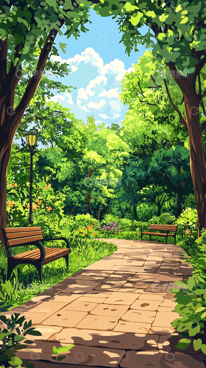 高清大图下载【趣麦麦图】阳光下绿树成荫的小路