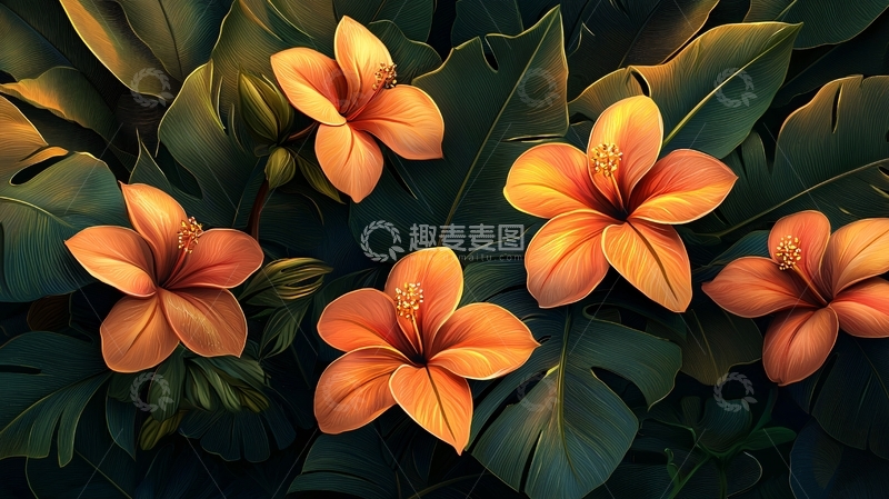 高清大图下载【趣麦麦图】热带橙色花朵绿叶背景