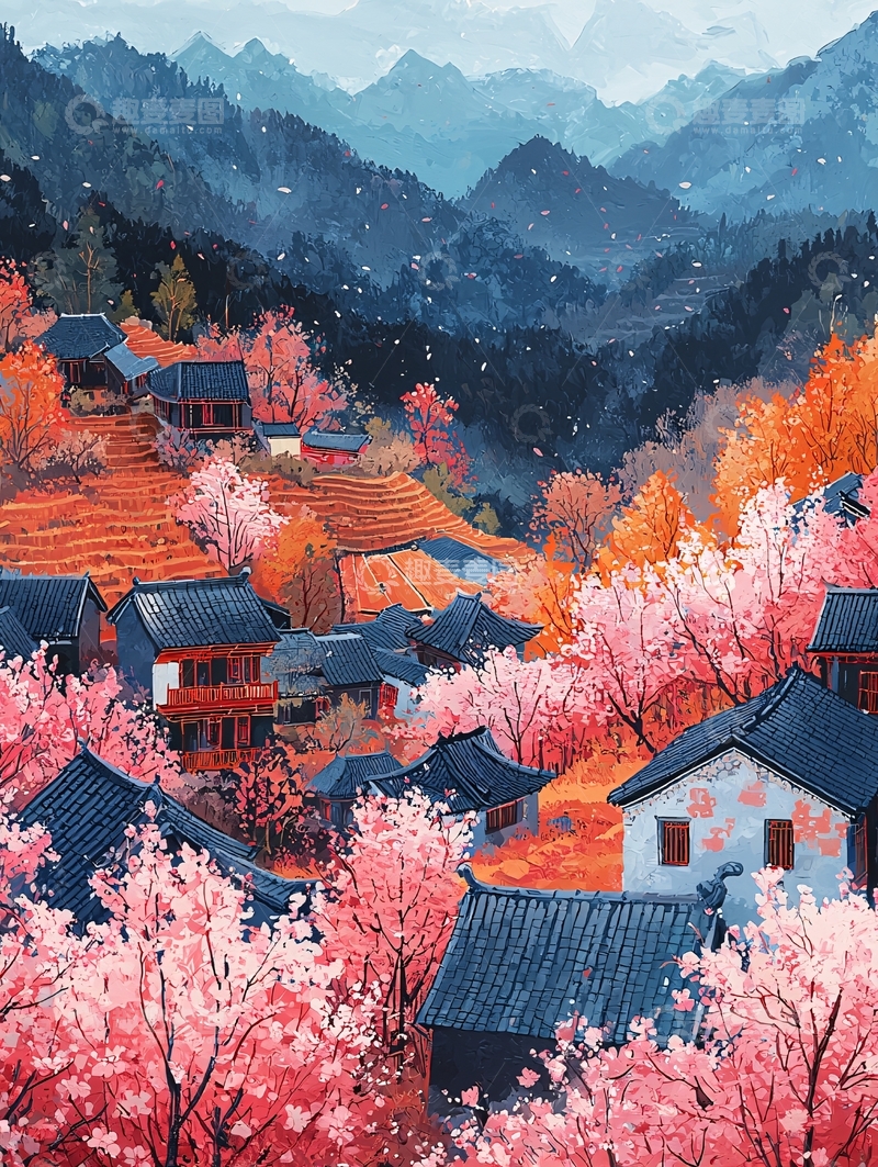 高清大图下载【趣麦麦图】山间村落的唯美春景