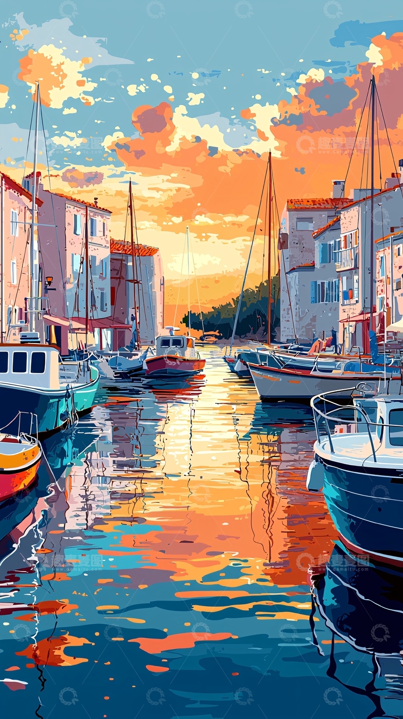 高清大图下载【趣麦麦图】夕阳下宁静的港湾