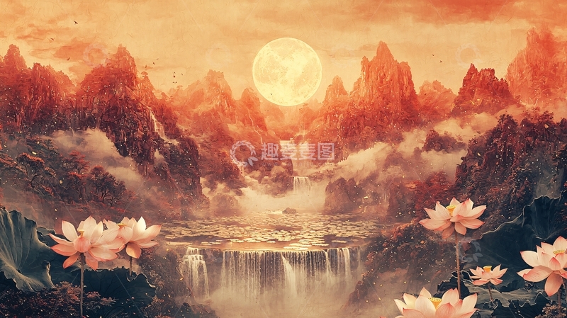 高清大图下载【趣麦麦图】水墨风格山水莲花月亮
