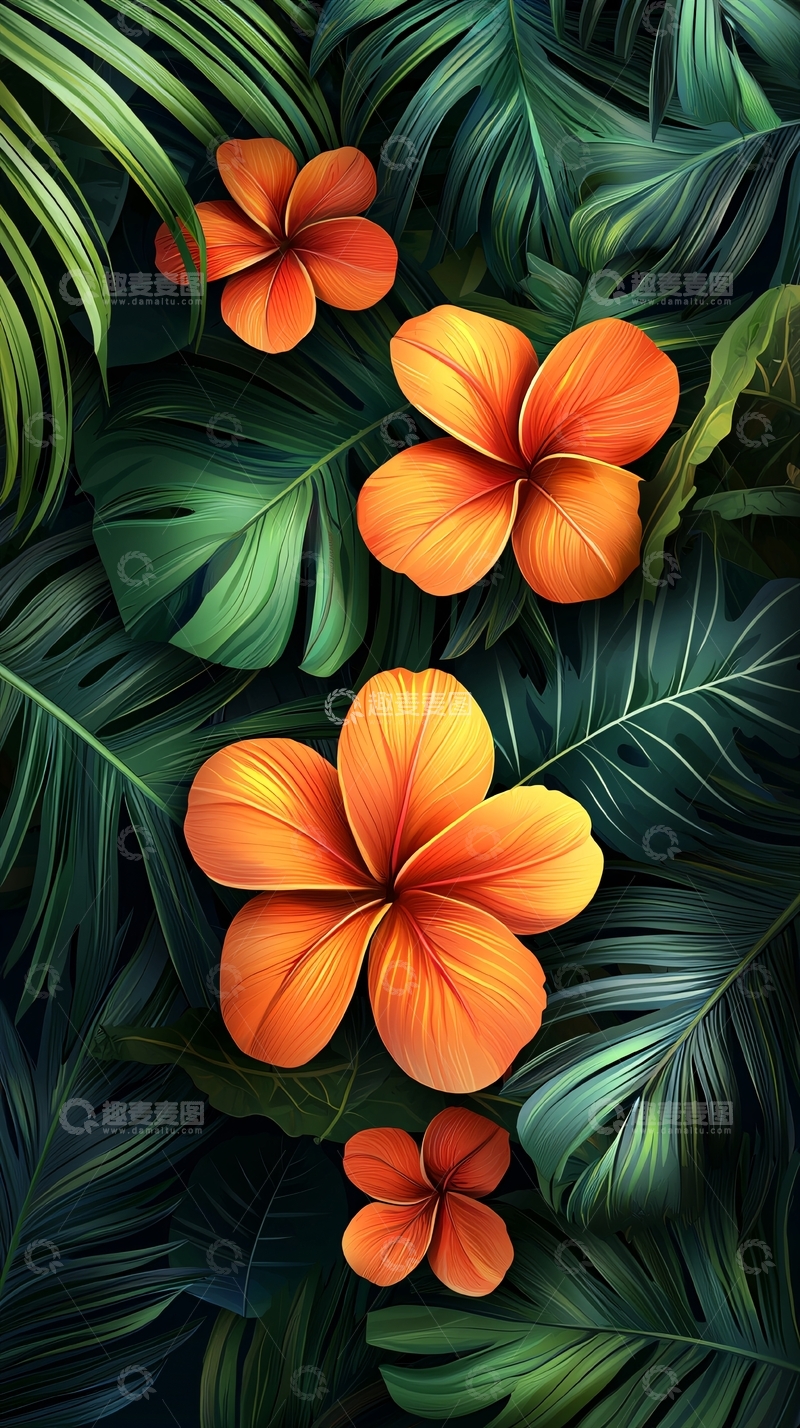 高清大图下载【趣麦麦图】热带橙色花卉绿叶背景