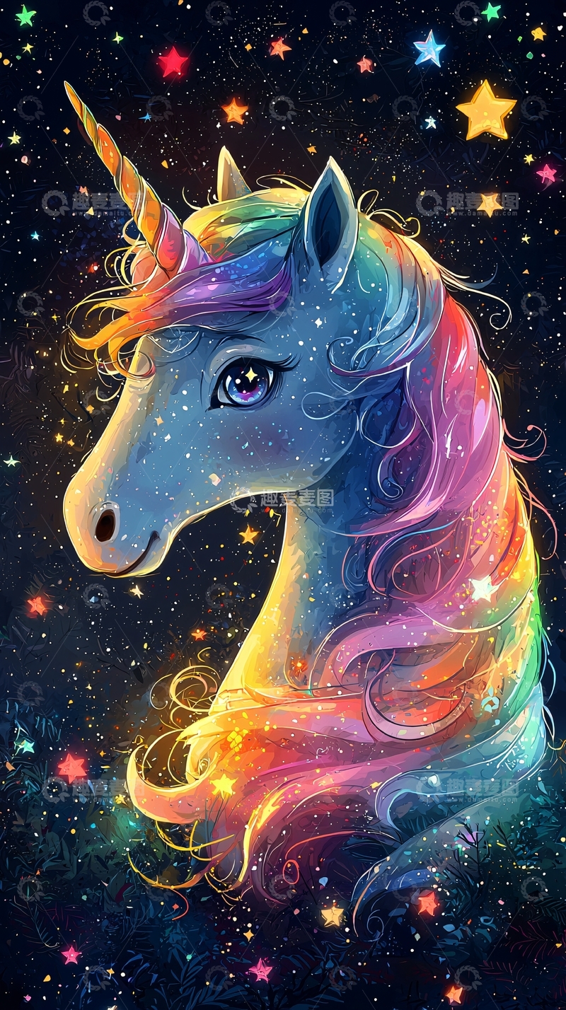 高清大图下载【趣麦麦图】彩虹独角兽星空背景