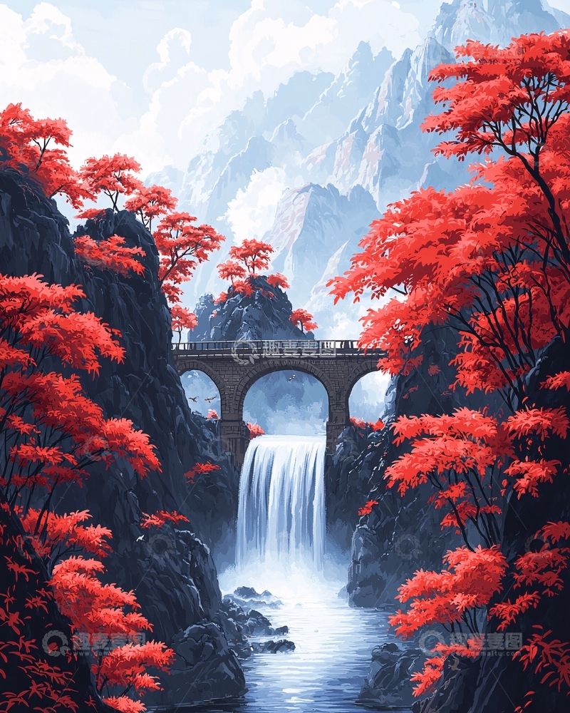 高清大图下载【趣麦麦图】山谷瀑布红叶桥
