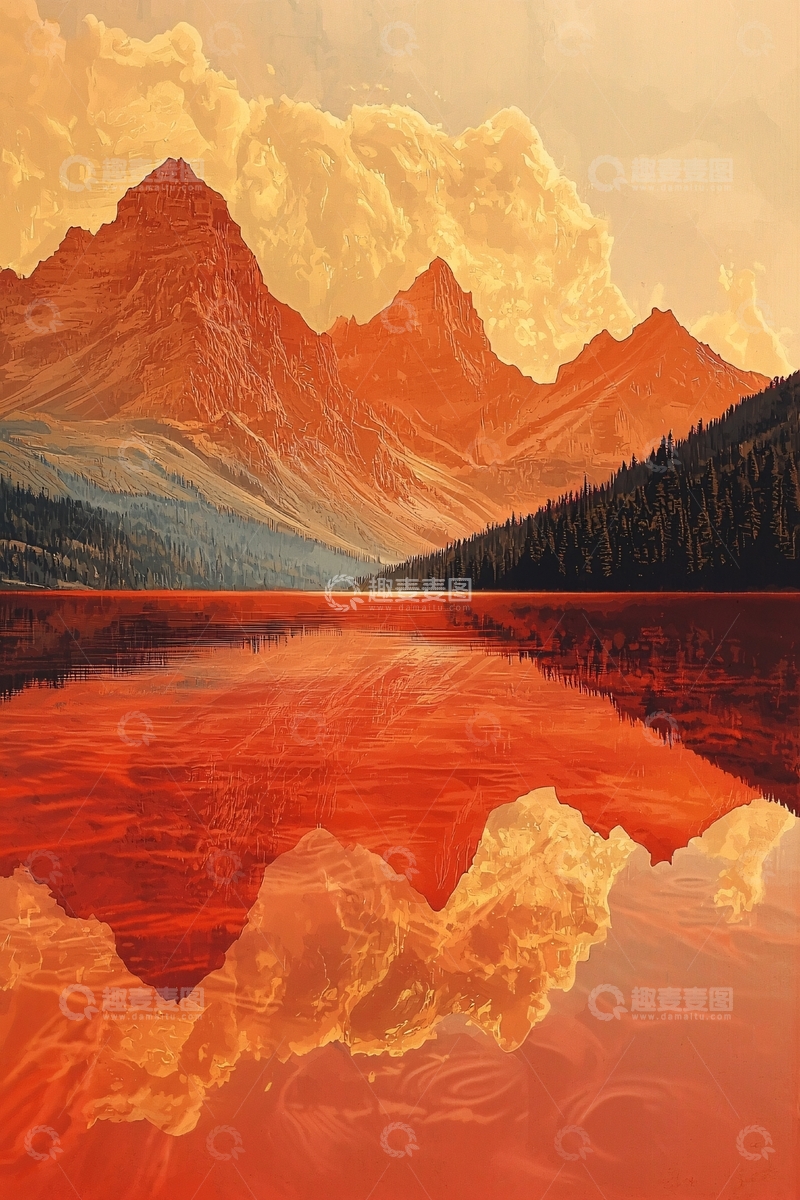 高清大图下载【趣麦麦图】红色湖泊山脉倒影