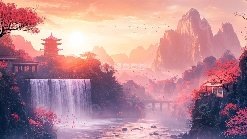 高清大图下载【趣麦麦图】唯美日落山水画