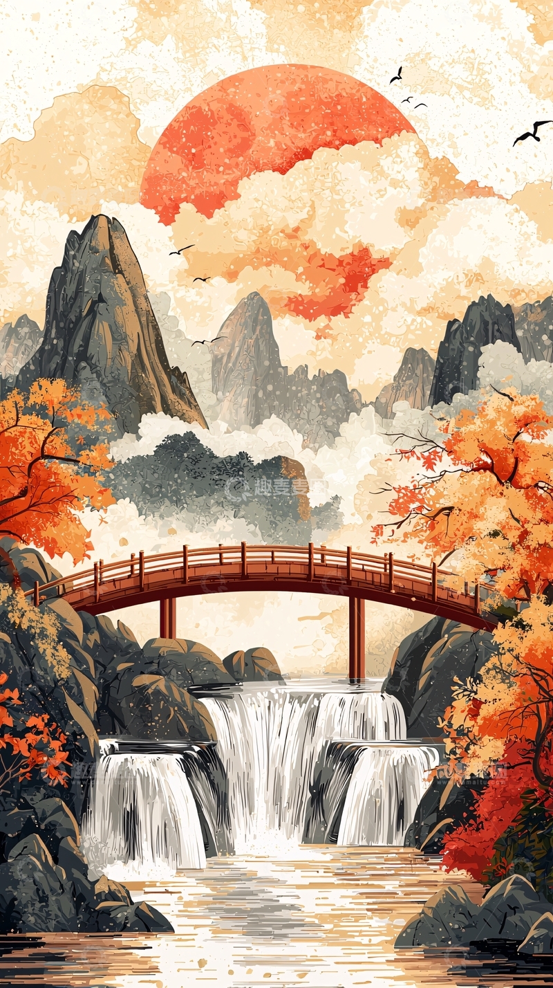 高清大图下载【趣麦麦图】秋日山林瀑布桥