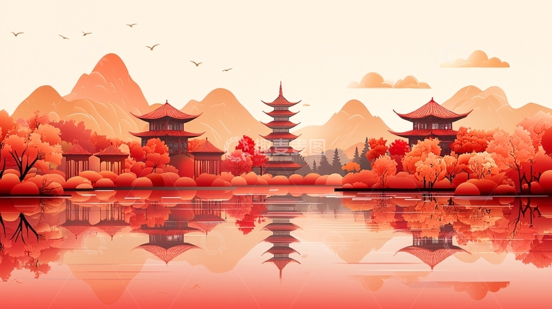 高清大图下载【趣麦麦图】秋日红枫古建筑山水画