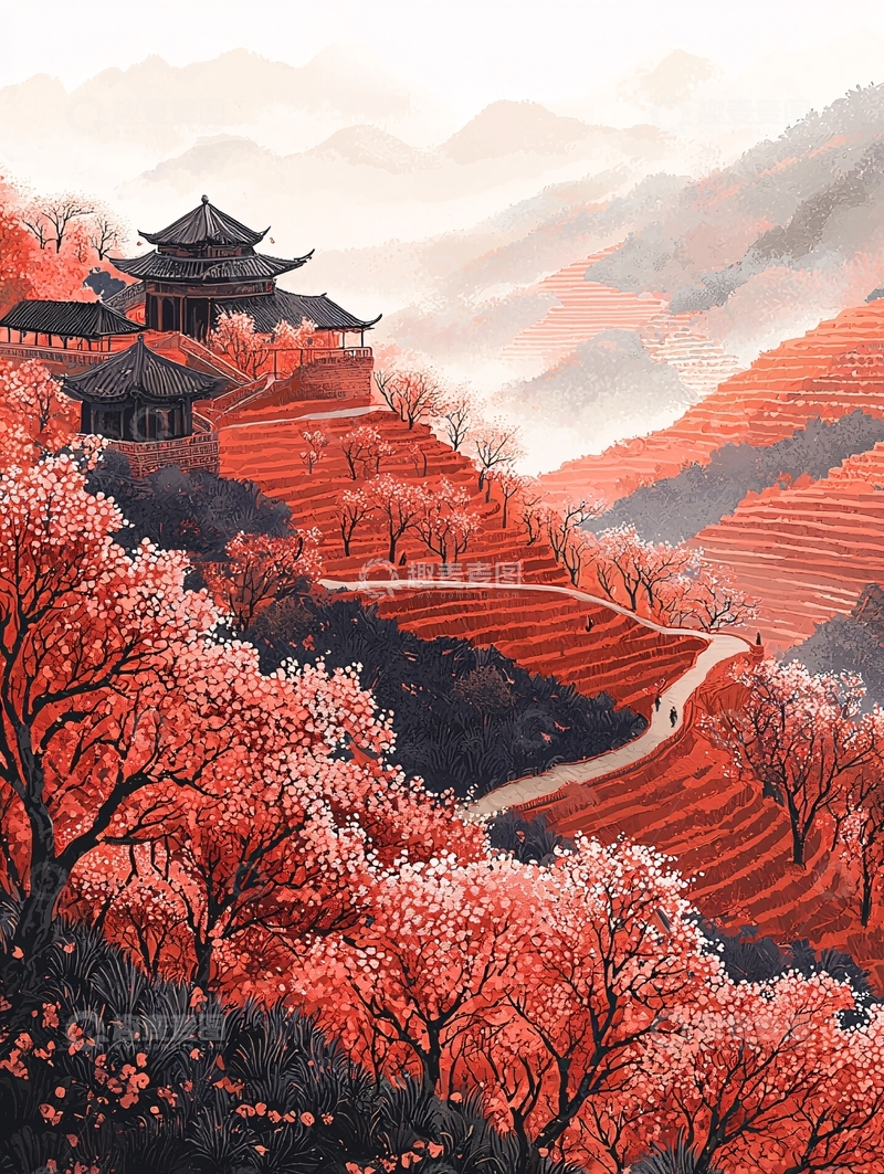 高清大图下载【趣麦麦图】山间寺庙红枫景色