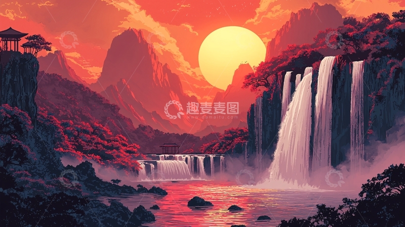高清大图下载【趣麦麦图】日落瀑布山谷风景