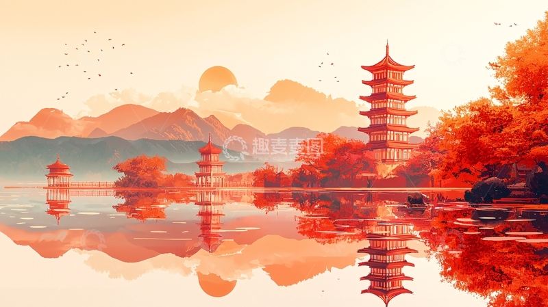 高清大图下载【趣麦麦图】红枫秋景塔影湖光