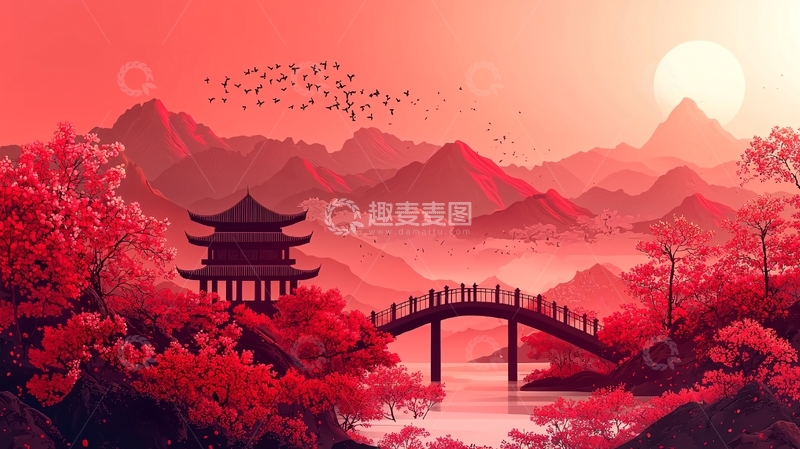 高清大图下载【趣麦麦图】红色日出山景图