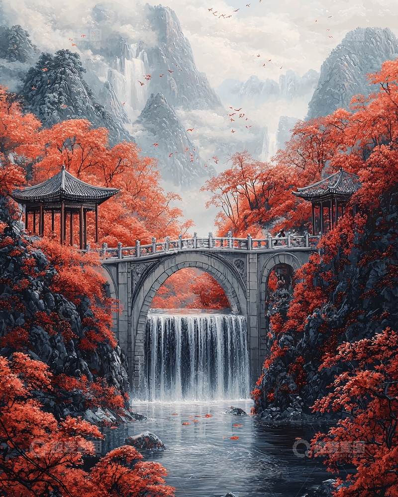 高清大图下载【趣麦麦图】红枫古桥瀑布山景