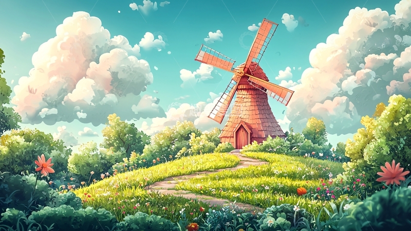 高清大图下载【趣麦麦图】田园风光卡通风车画