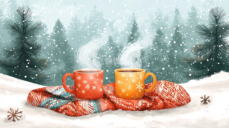 高清大图下载【趣麦麦图】雪地里两杯热饮