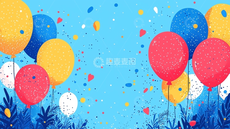 高清大图下载【趣麦麦图】蓝色背景的气球和彩带