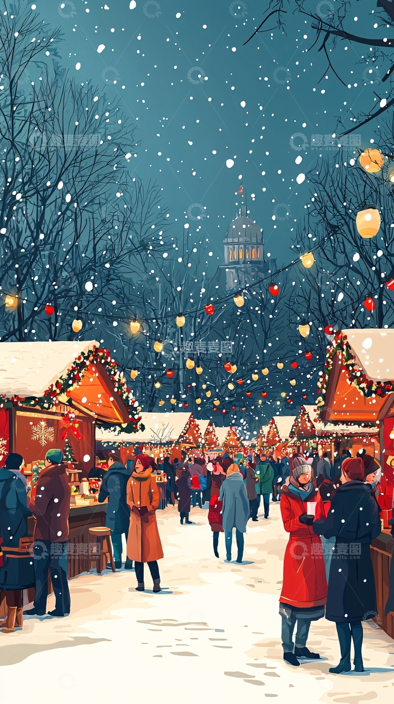 高清大图下载【趣麦麦图】下雪的圣诞集市