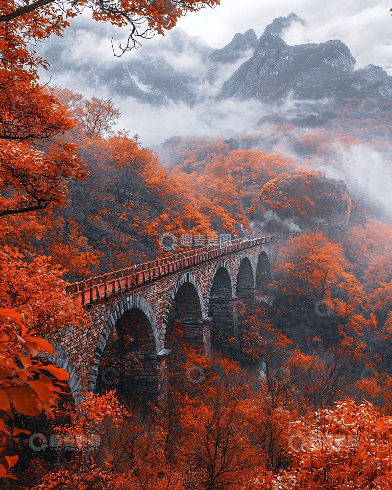 高清大图下载【趣麦麦图】秋日山谷古桥