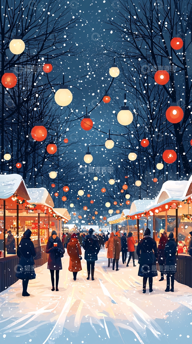 高清大图下载【趣麦麦图】冬夜雪景圣诞集市