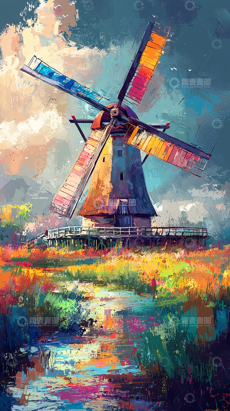 高清大图下载【趣麦麦图】彩色风车田园风景
