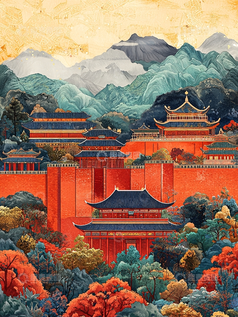 高清大图下载【趣麦麦图】红色宫殿山水风景画