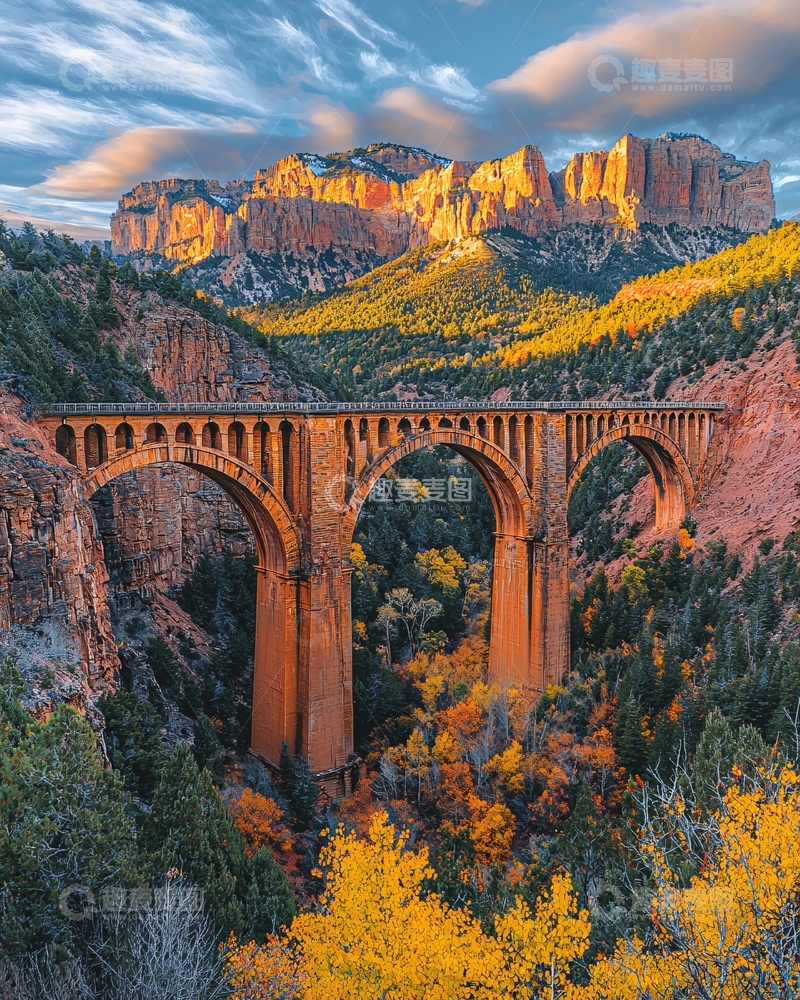 高清大图下载【趣麦麦图】秋日峡谷铁桥