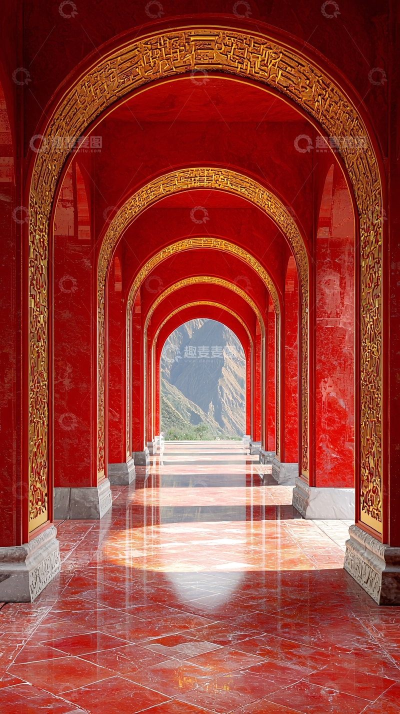 高清大图下载【趣麦麦图】红色拱廊通道